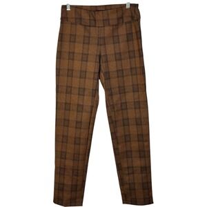 New Directions Plaid Career Pull On High Rise Pants Brown Stretch Tapered Leg S‎